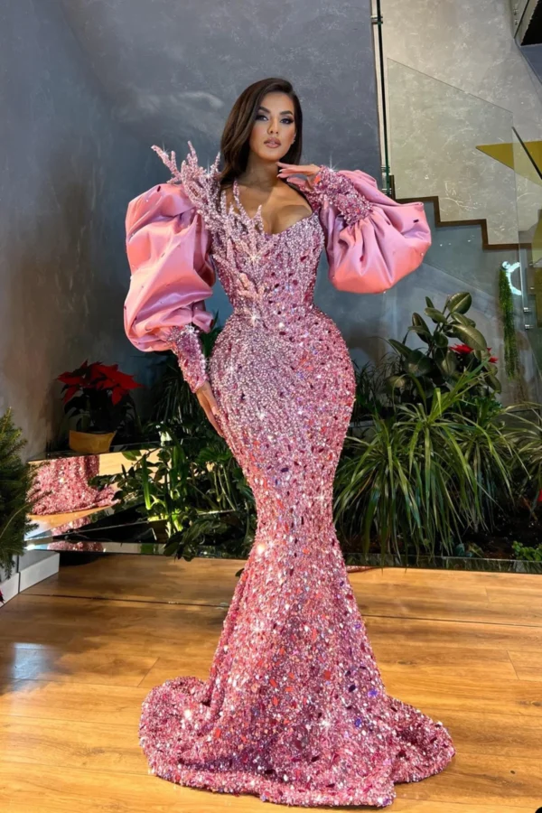 Sparkle Pink Mermaid Prom Dress With Puff Sleeves And Crystals - Image 2