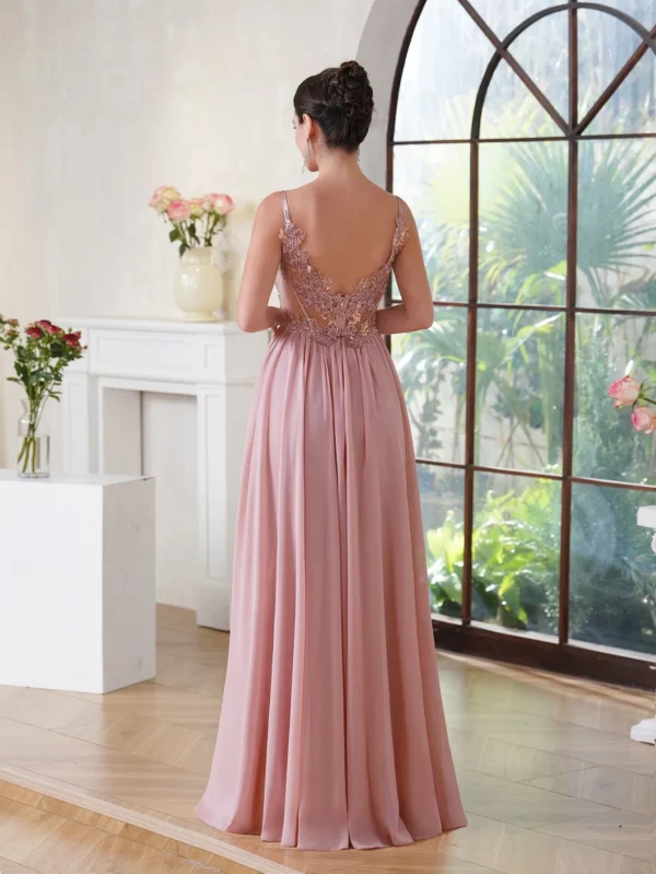 Pink homecoming dress, V-neck beaded appliques spaghetti strap gown - Image 2