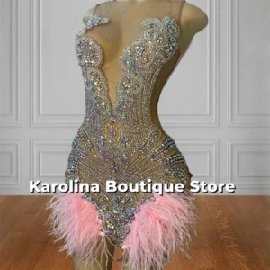 Pink Feathers Beaded Rainbow Rhinestones Prom Dress Blackgirl 2025