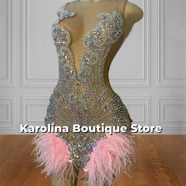 Pink Feathers Beaded Rainbow Rhinestones Prom Dress Blackgirl 2025