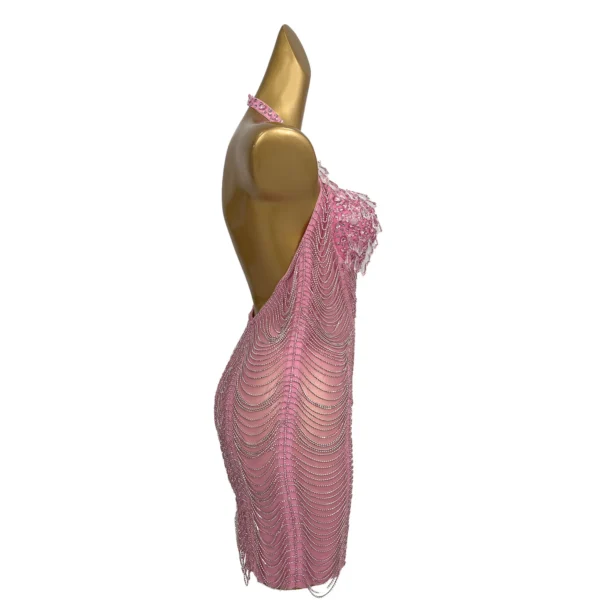 Luxurious Pink Rhinestone Chain Short Dress Backless Prom Gown - Image 3