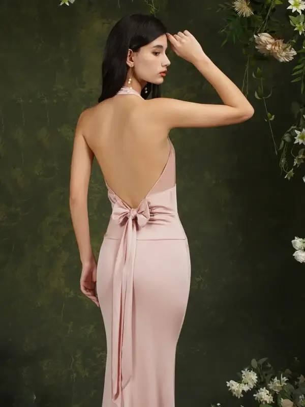 Sexy Pink Backless Bandage Bow Mermaid Evening Party Dress - Image 6