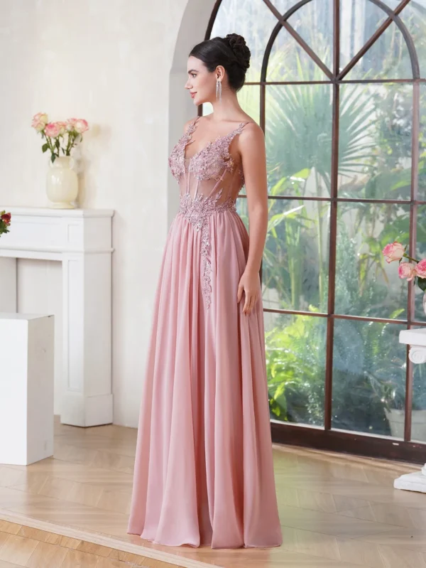 Pink homecoming dress, V-neck beaded appliques spaghetti strap gown - Image 3