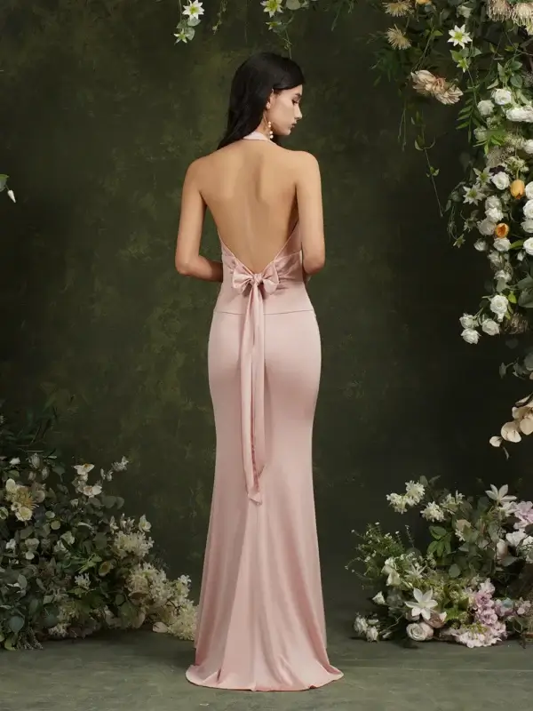 Sexy Pink Backless Bandage Bow Mermaid Evening Party Dress - Image 4