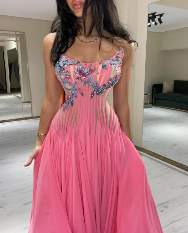 Customized Pink Scoop Neck A-Line Sleeveless Beaded Evening Gown - Image 5