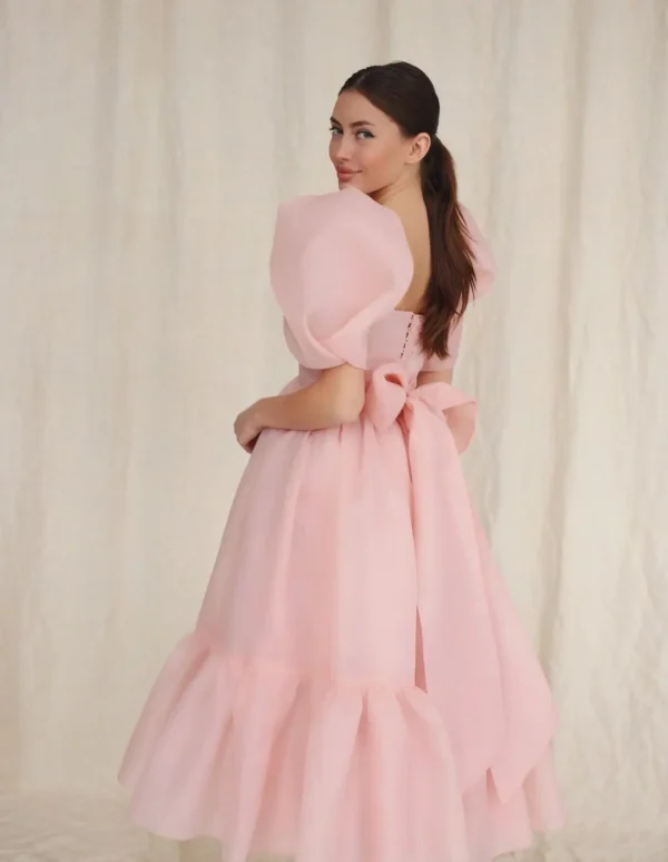 Pink homecoming dress, organza tea-length, puffy sleeves, square neck A-line - Image 2