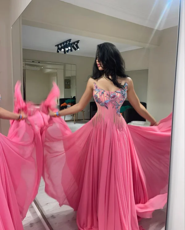 Customized Pink Scoop Neck A-Line Sleeveless Beaded Evening Gown - Image 6