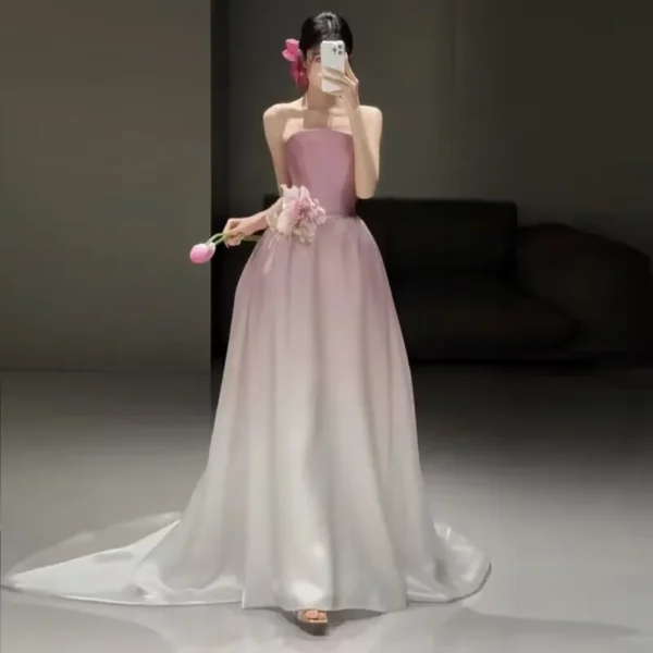 Pink Homecoming Dress, Strapless A-Line Gown with Floral Train