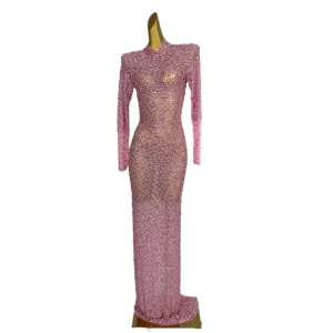 Luxury Pink Crystal Long Prom Dress Sparkly Rhinestone Gown Outfit