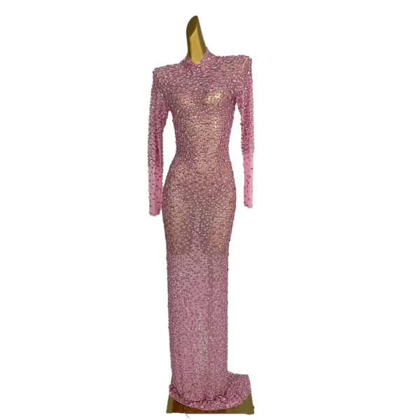Luxury Pink Crystal Long Prom Dress Sparkly Rhinestone Gown Outfit