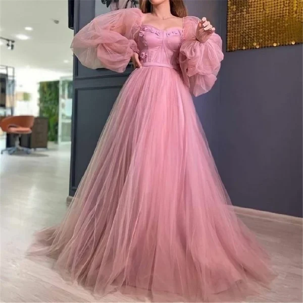 Pink Homecoming Dress: A-Line Tulle Puff Sleeves 3D Flowers