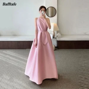 Customized Pink Satin A-Line Pleated O-Neck Women Prom Evening Dress