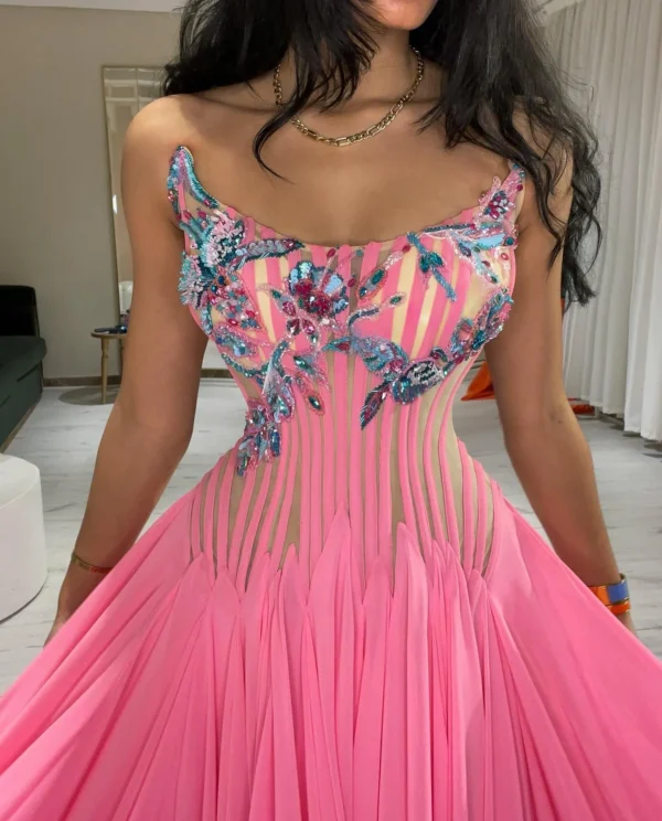 Customized Pink Scoop Neck A-Line Sleeveless Beaded Evening Gown - Image 4