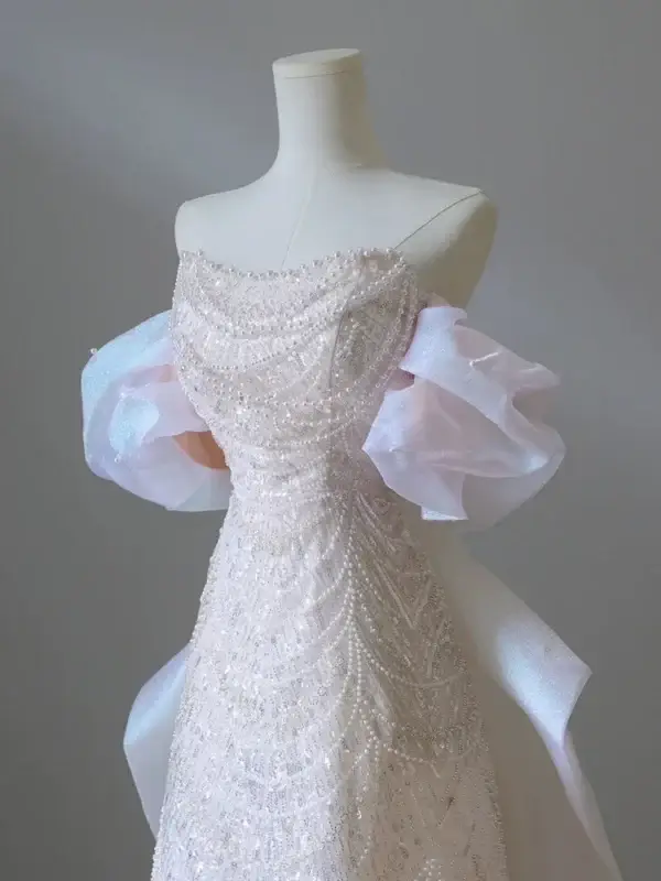 Light Pink Strapless Beaded Bow Sequin Shiny Evening Prom Dress - Image 3