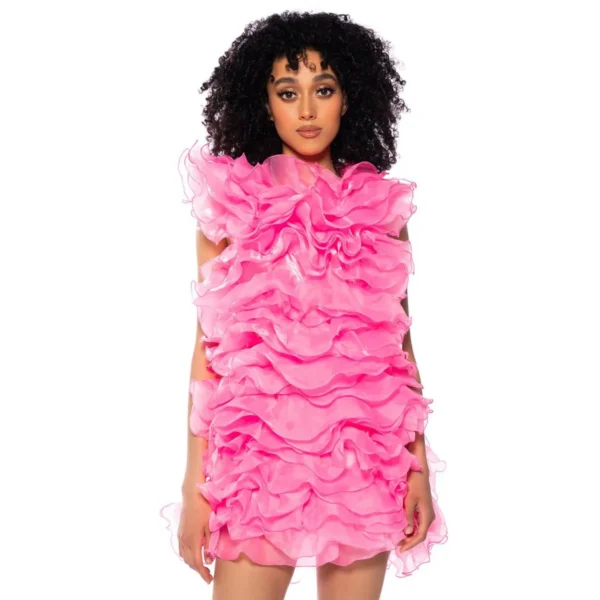 Pink Homecoming Dress: O-neck Ruffled Organza Mini Cocktail Dress