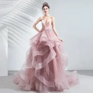 Unique Pink Puffy A-Line Wedding Quinceanera Prom Dress With Ruffles