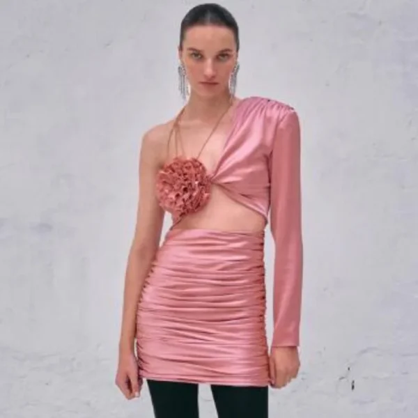 Pink Homecoming Dress: One Shoulder Long Sleeve Mini Party Dress