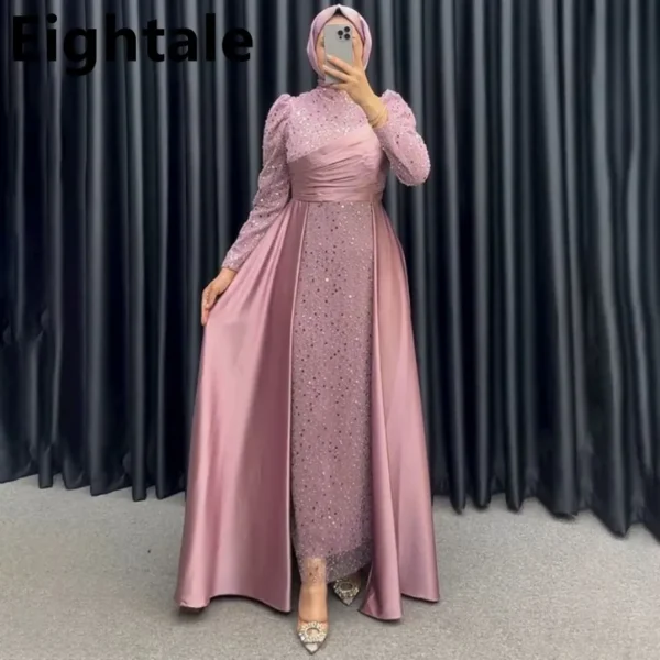 Eightale Pink Muslim Long Sleeve Sequin Evening Dress Abiye Gown