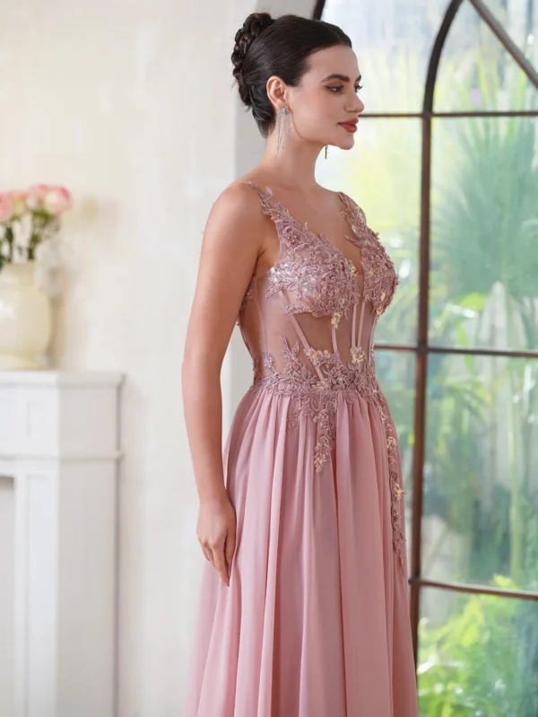 Pink homecoming dress, V-neck beaded appliques spaghetti strap gown - Image 5