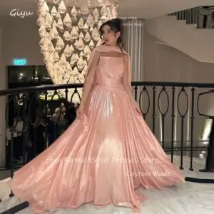 Glitter Blush Pink Evening Dress With Scarf Pleats Formal Prom