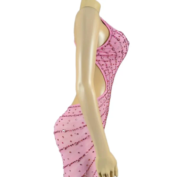Flashing Pink Rhinestone Backless Dress Long Train Party Outfit - Image 5