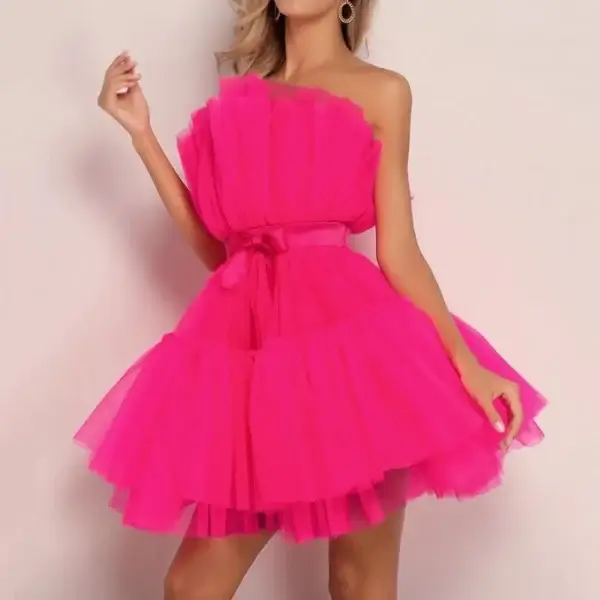 Summer Pink Off-Shoulder Sweetheart Pleated Mesh Mini Formal Dress - Image 4