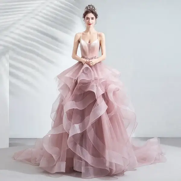 Unique Pink Puffy A-Line Wedding Quinceanera Prom Dress With Ruffles - Image 4