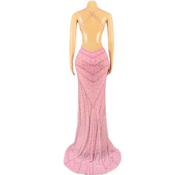 Flashing Pink Rhinestone Backless Dress Long Train Party Outfit - Image 3