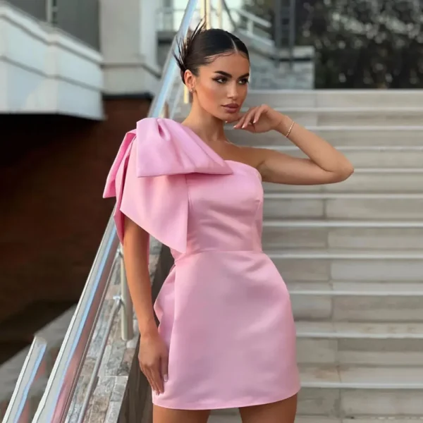 Msikoods Sexy Pink One-Shoulder Satin Mini Party Prom Dress Customized