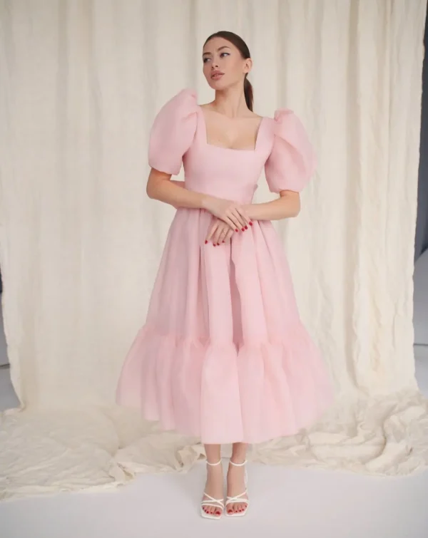 Pink homecoming dress, organza tea-length, puffy sleeves, square neck A-line - Image 4