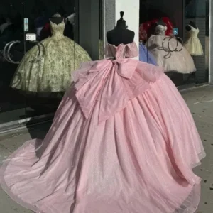 Custom Pink Shiny Off Shoulder Beaded Prom Quinceanera Gown for Girls