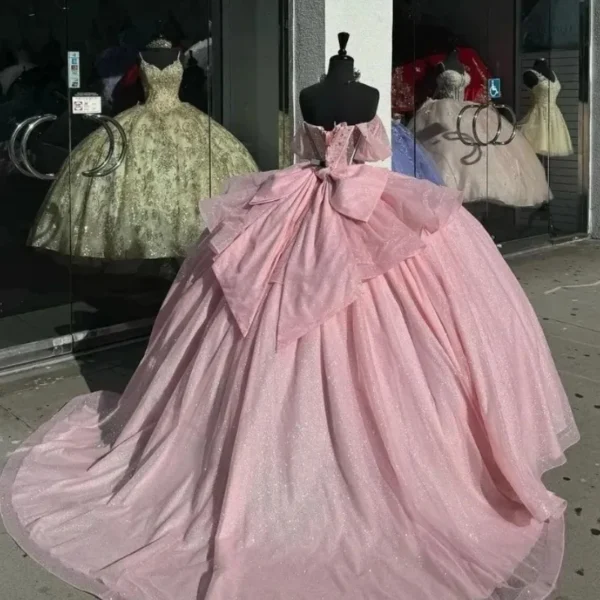 Custom Pink Shiny Off Shoulder Beaded Prom Quinceanera Gown for Girls