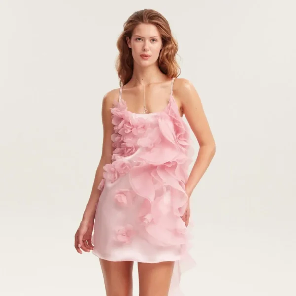 Pink Homecoming Dress: Light Pink Floral Chiffon Mini Party Dress
