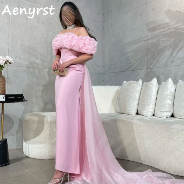 Pink Homecoming Dress Off Shoulder Ruffles Satin Ankle Length Gown