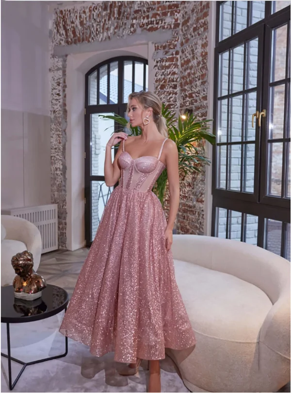 Shiny Pink Homecoming Dress with Sweetheart Corset and Glitter Details - Image 2