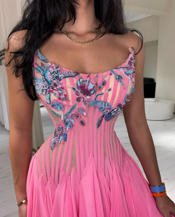 Customized Pink Scoop Neck A-Line Sleeveless Beaded Evening Gown - Image 2