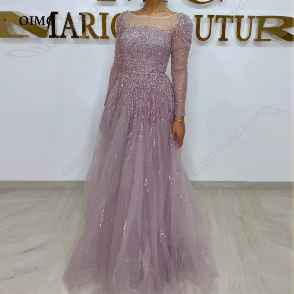 Shiny Dusty Pink Tulle Evening Dress A Line Sparkly Dubai Gown