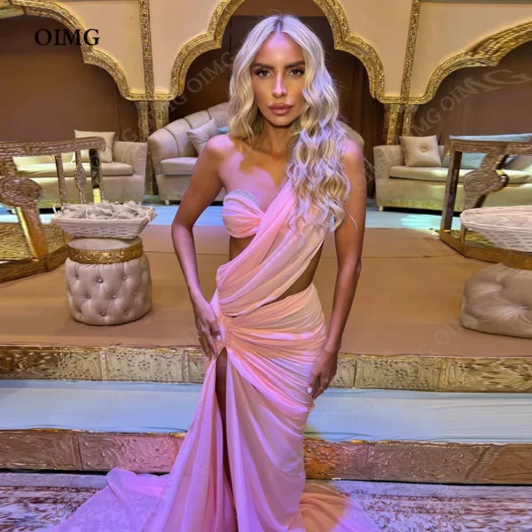 Pink One Shoulder Evening Dress With Side Slit, Customized Gown