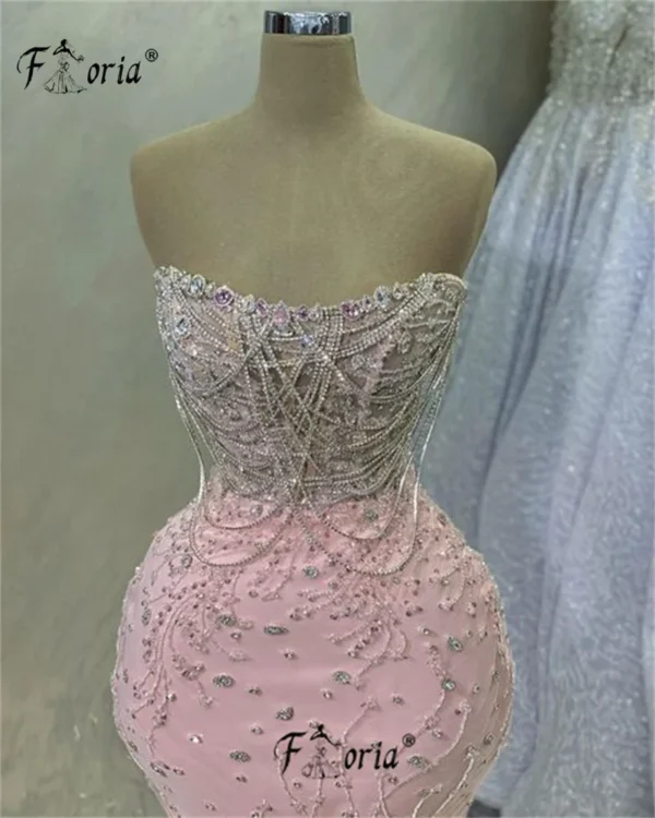 Elegant Silver Tassel Beaded Mermaid Pink Backless Prom Dress Formal - Image 2