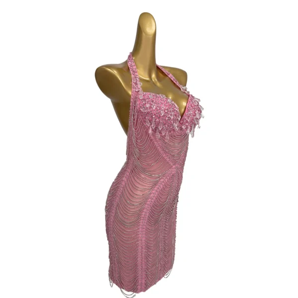 Luxurious Pink Rhinestone Chain Short Dress Backless Prom Gown - Image 2