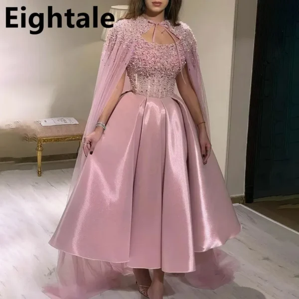 Custom Pink Homecoming Dress with Cape and Beaded Off-Shoulder Design