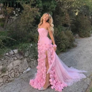 3D Flowers Strapless Mermaid Tulle Side Split Pink Prom Gown Dress