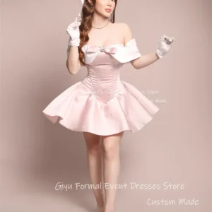 Cute Baby Pink Mini Off Shoulder Prom Dress Bowknot Cocktail Gown