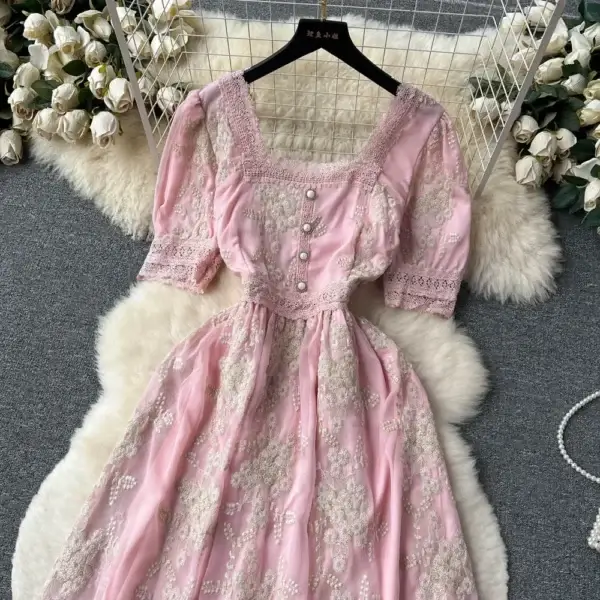 French Vintage Pink Lace Embroidery Slim Waist Summer Princess Dress - Image 2