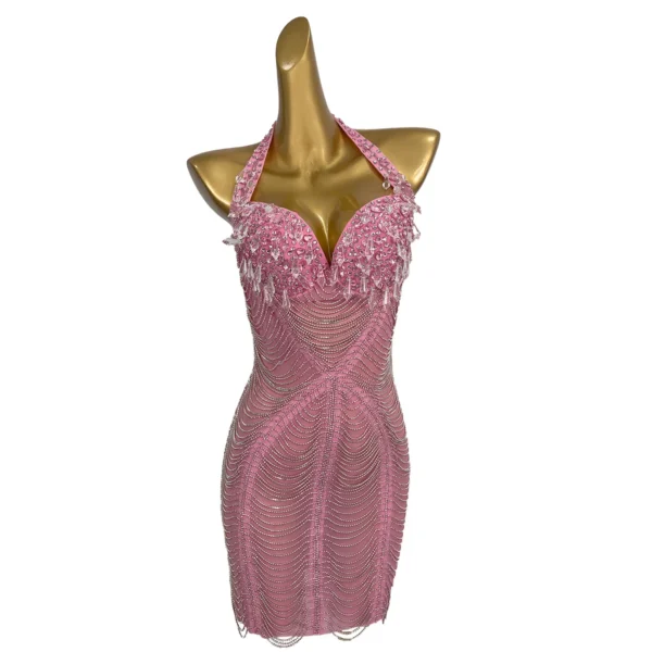 Luxurious Pink Rhinestone Chain Short Dress Backless Prom Gown
