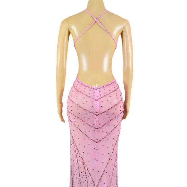Flashing Pink Rhinestone Backless Dress Long Train Party Outfit - Image 6