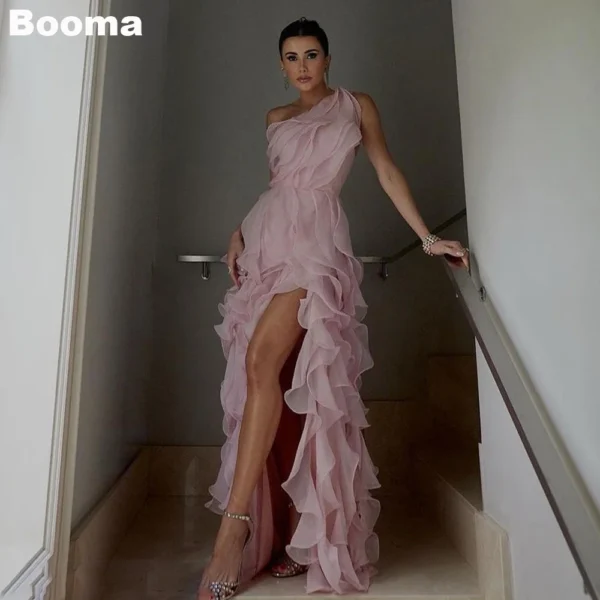 Pink Homecoming Dress One Shoulder Ruffles A-Line High Slit Elegant Gown