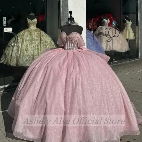 Custom Pink Shiny Off Shoulder Beaded Prom Quinceanera Gown for Girls - Image 2
