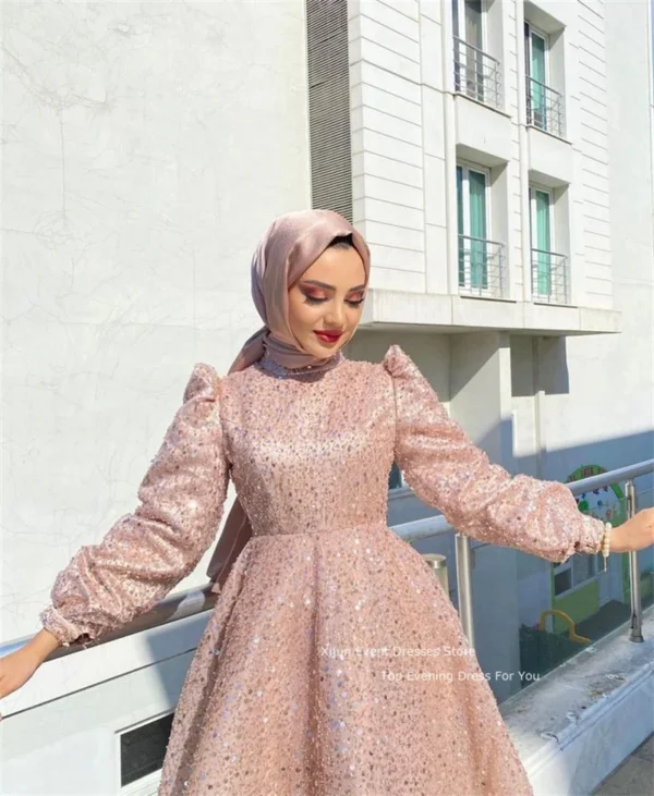 Pink Homecoming Dress Glitter Sequined Ankle-Length Modest A-Line Party Gown - Image 2