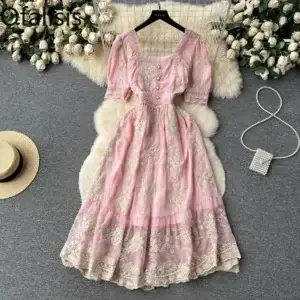 French Vintage Pink Lace Embroidery Slim Waist Summer Princess Dress